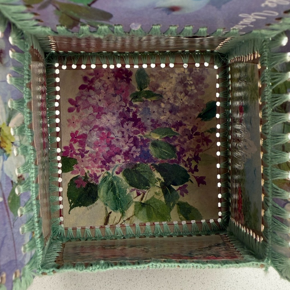 Vintage Handmaid Crocheted Greeting Card Sewing Basket Trinket Box Floral Chair - Picture 5 of 15